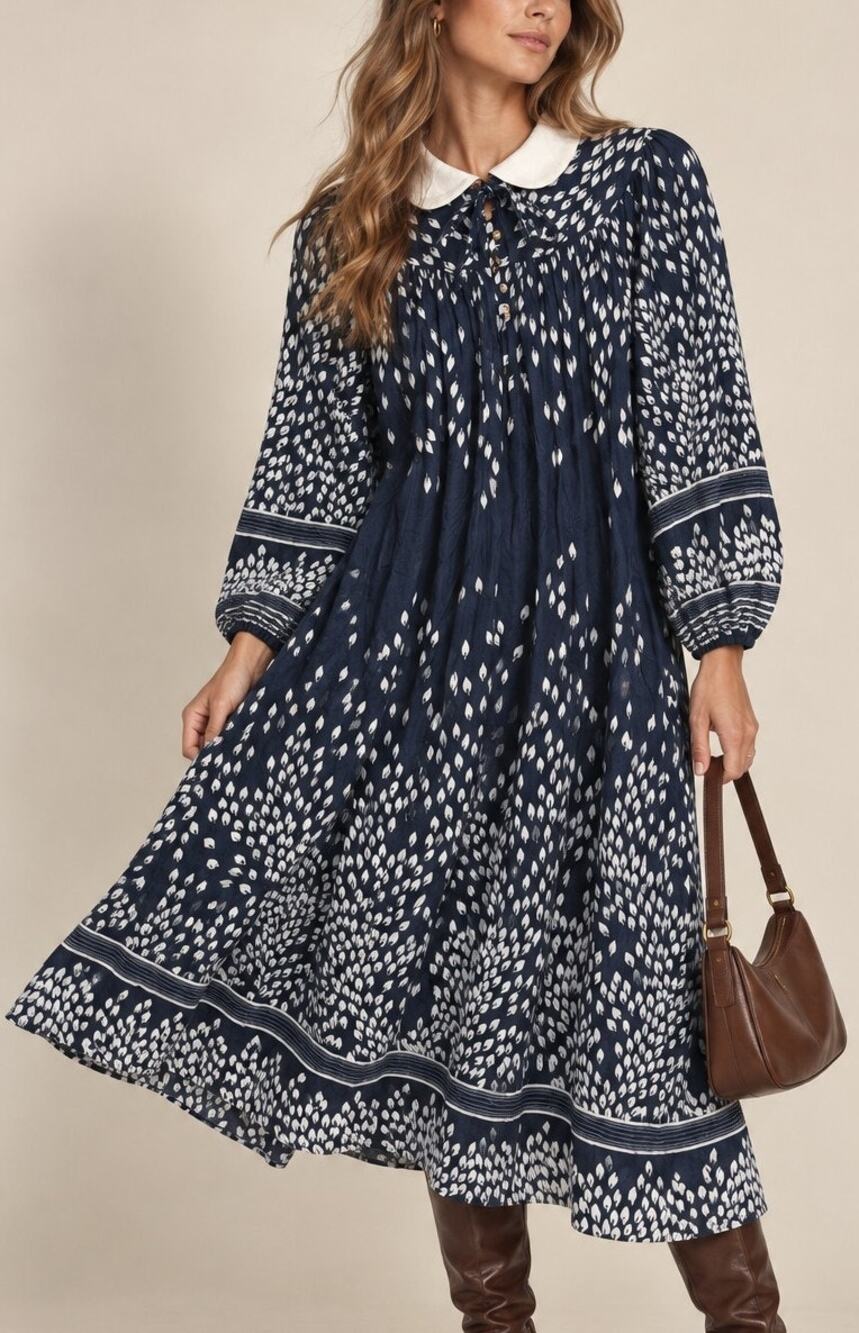 Vintage 70s Nu-Mode Midi Dress Peter Pan Collar Size S/M Navy Prairie Peasant